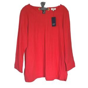 NEW CROWN & IVY Womens L - Wide Neck Bow Detail 3/4 Sleeve Coral Pink Red Blouse